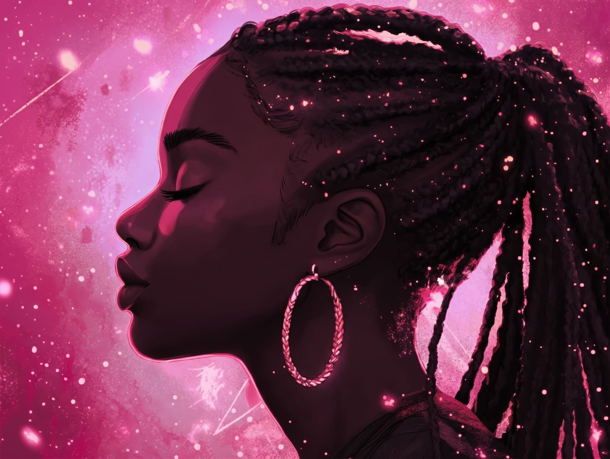 Illustrated portrait with braids and a pink glow
